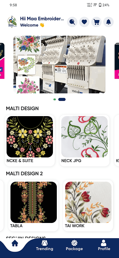 Maa Designs app home screen with a banner, Malti Design and Malti Design 2 categories of embroidery designs, and a bottom bar with Home, Trending, Package and Profile.