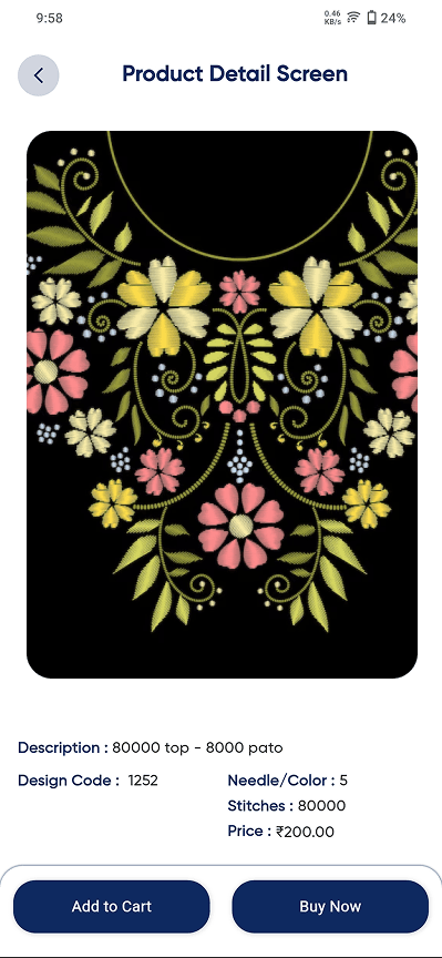 Maa Designs product detail screen showing an embroidery design with description, design code, needle and colour count, stitches, price, and Add to Cart and Buy Now buttons.