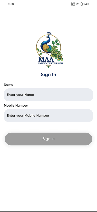 Maa Designs app sign-in screen with the Maa Embroidery Design logo and Name and Mobile Number fields.